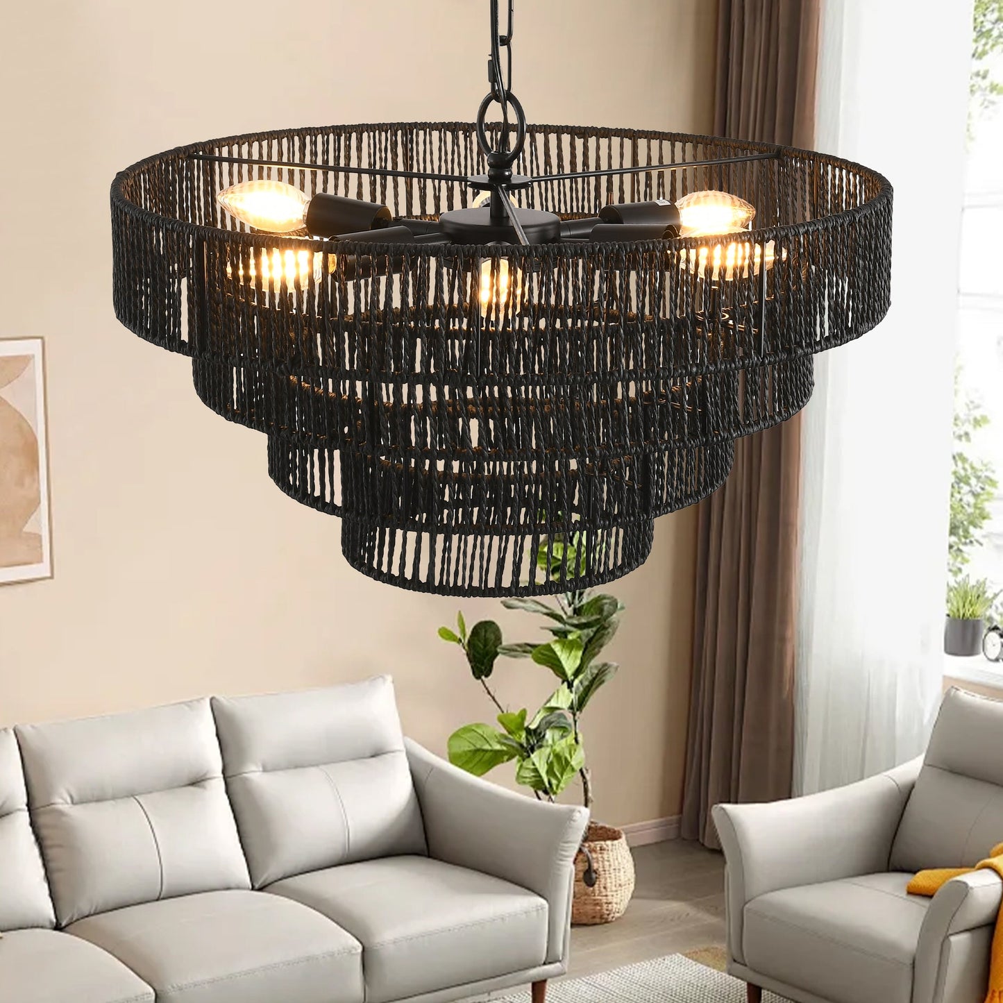 Rustic 4-Tier Black Hemp Rope Chandelier with 6 E12 Sockets, UL Listed