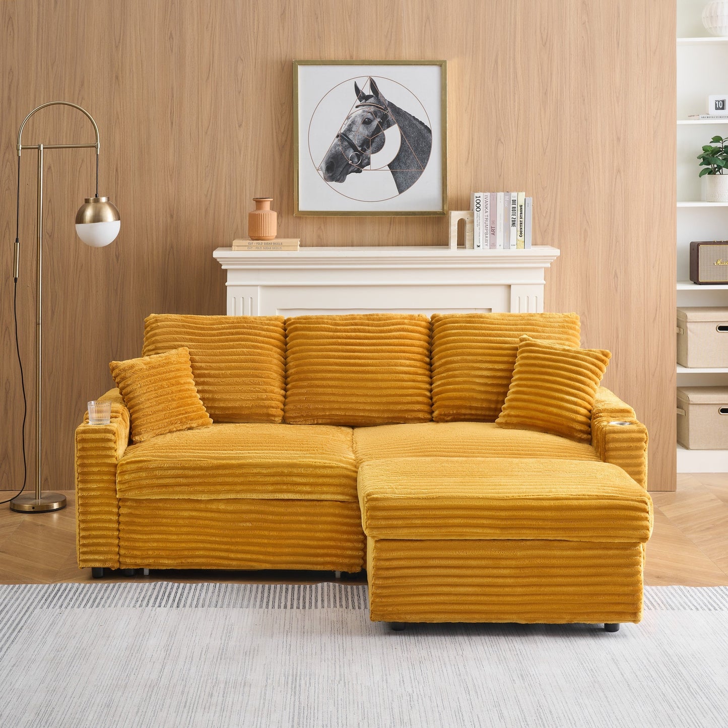 An 80-inch foldable and hidden chaise longue orange corduroy sofa with