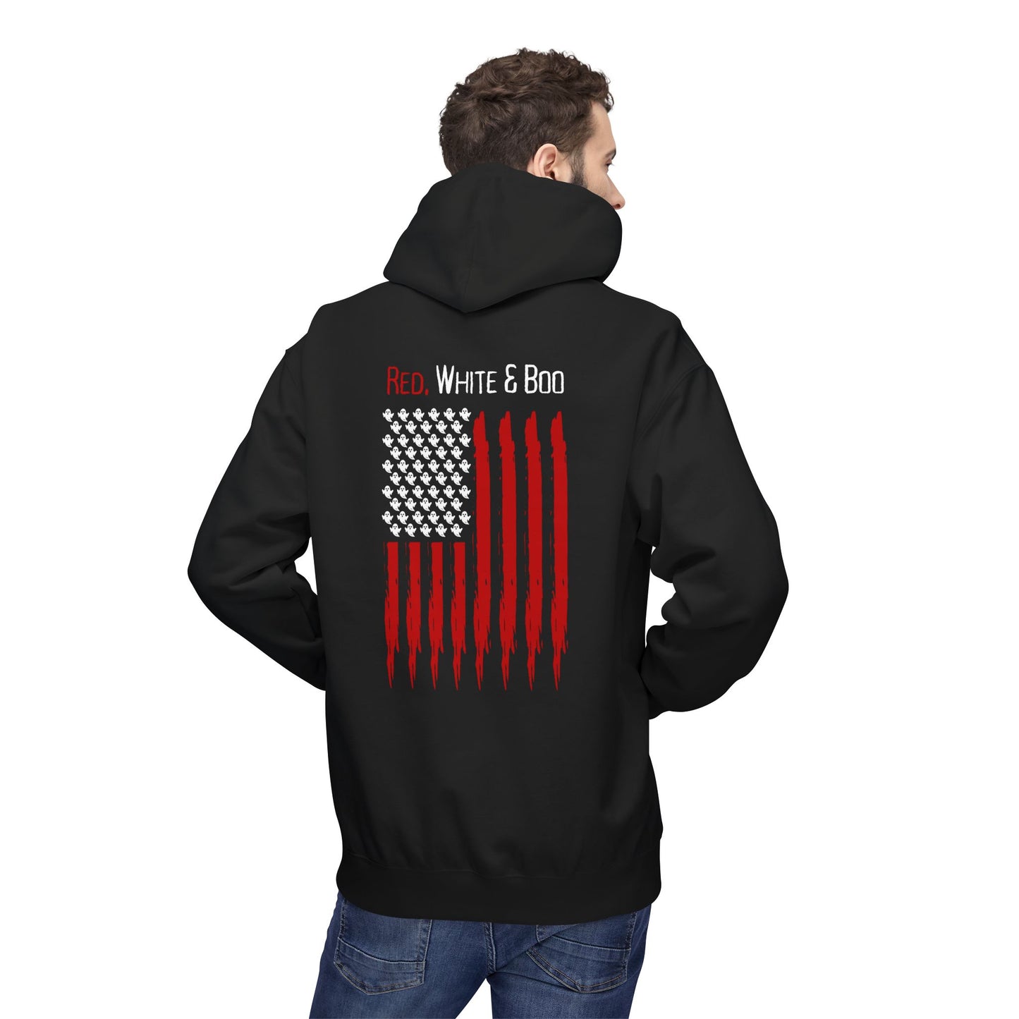 Red White and Boo Hoodie Unisex Midweight Softstyle Fleece Hoodie with Red Graphic, Cozy Sweatshirt for Fall, Gift for Him or Her, Casual Layering Top
