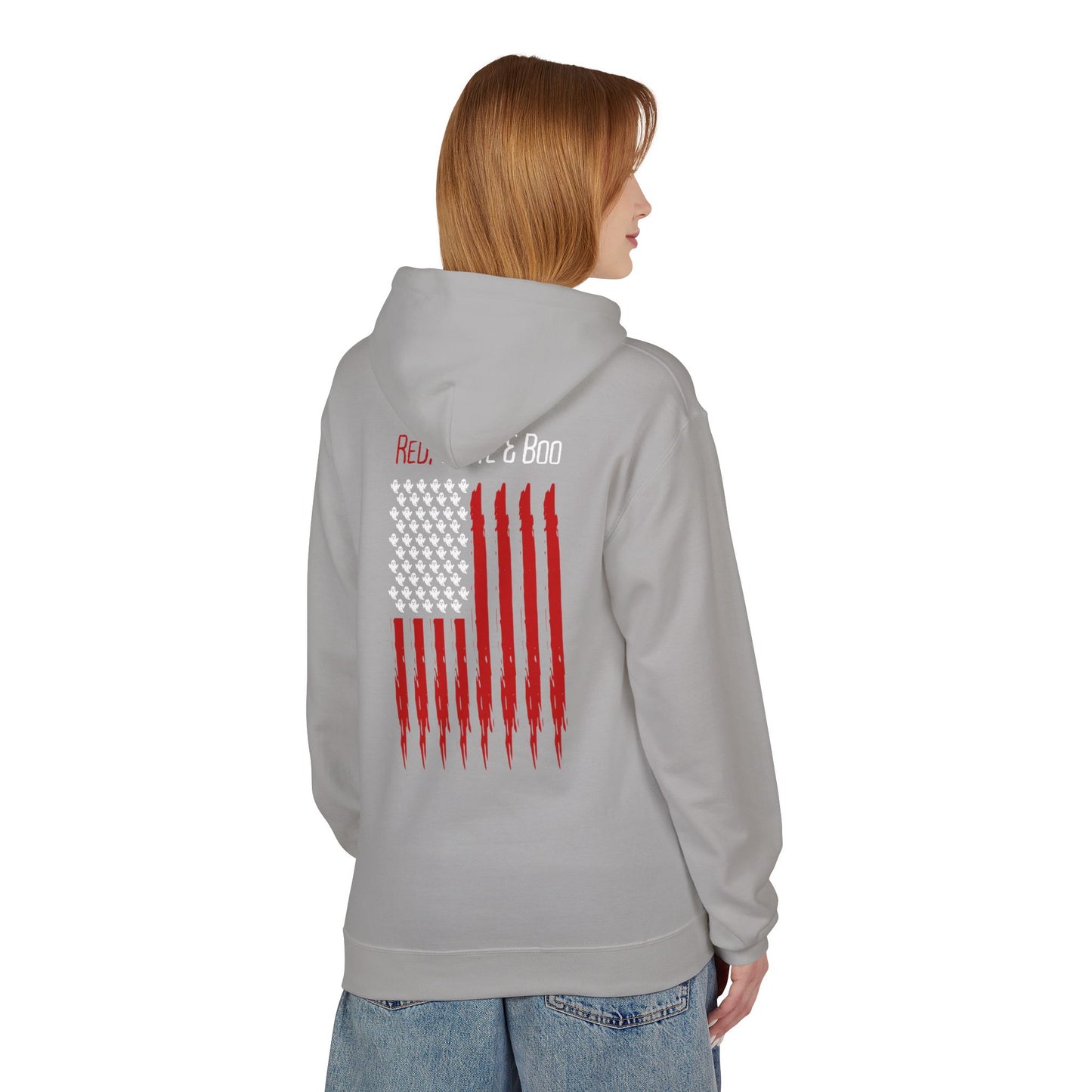 Red White and Boo Hoodie Unisex Midweight Softstyle Fleece Hoodie with Red Graphic, Cozy Sweatshirt for Fall, Gift for Him or Her, Casual Layering Top