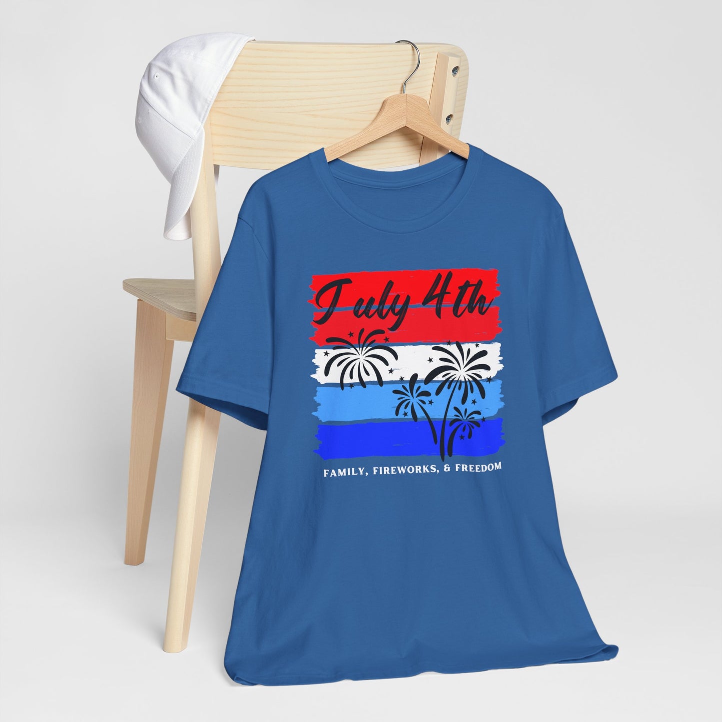 July 4th Family Freedom Tee, Unisex Independence Day Shirt, Patriotic Fireworks T-Shirt, Summer Celebration Top, Holiday Graphic Apparel