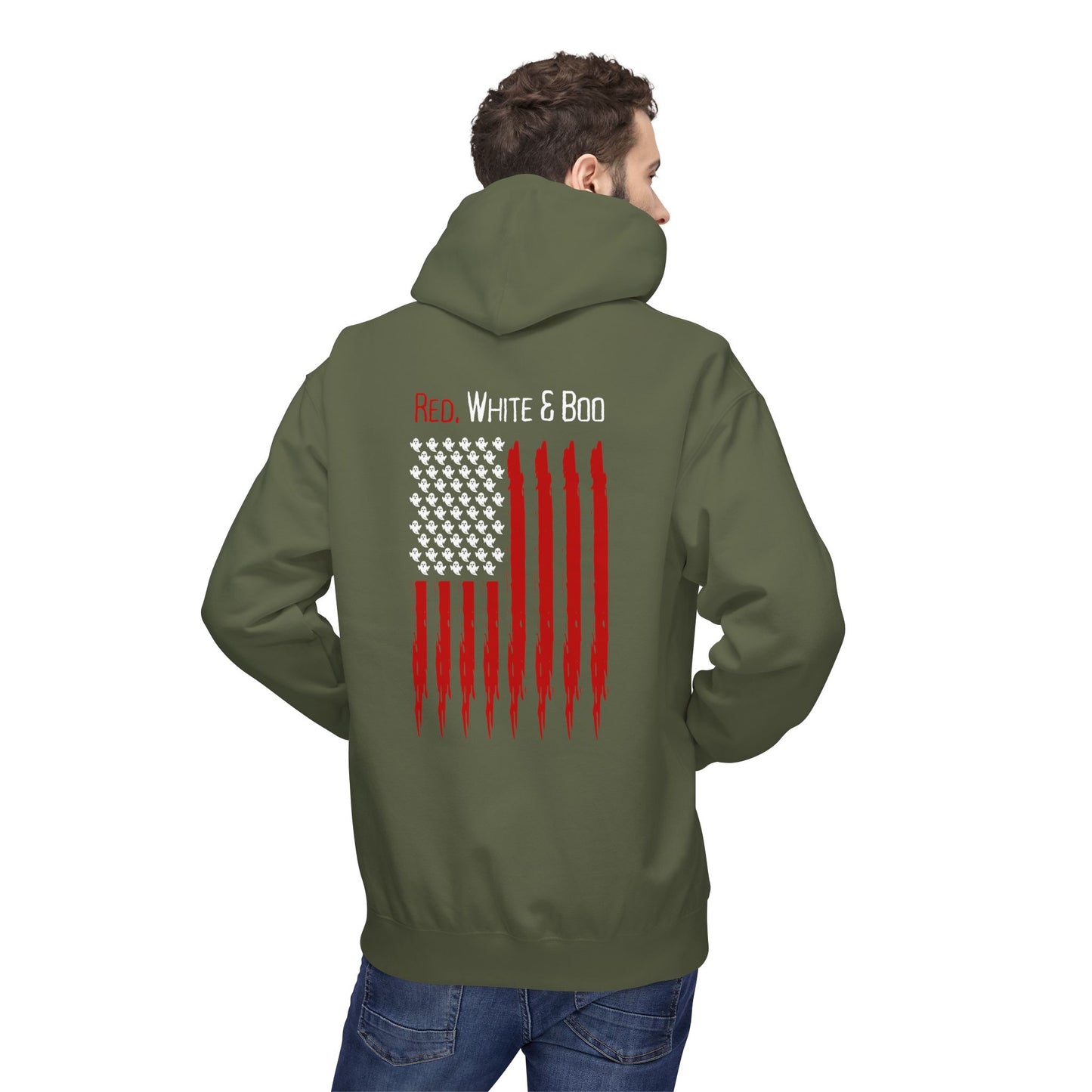 Red White and Boo Hoodie Unisex Midweight Softstyle Fleece Hoodie with Red Graphic, Cozy Sweatshirt for Fall, Gift for Him or Her, Casual Layering Top