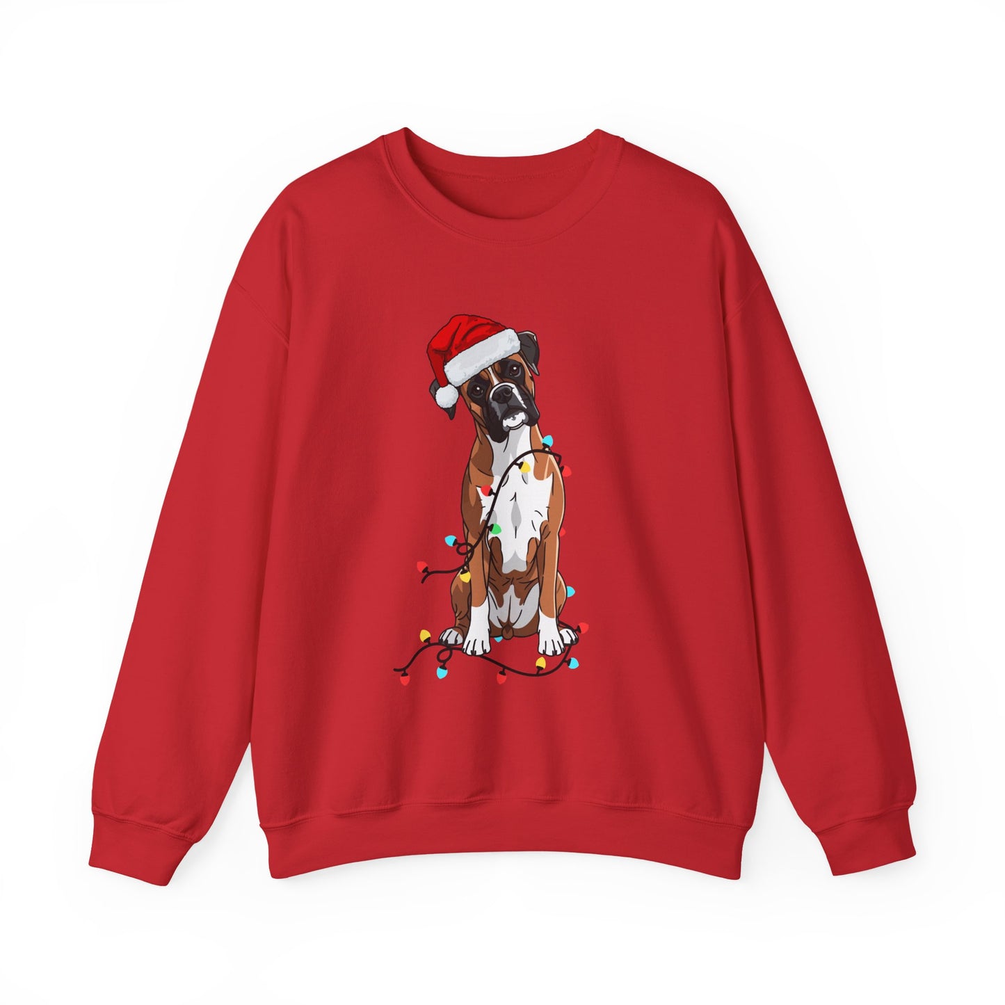 Christmas Boxer Dog Sweatshirt – Cute Santa Hat & Holiday Lights Crewneck
