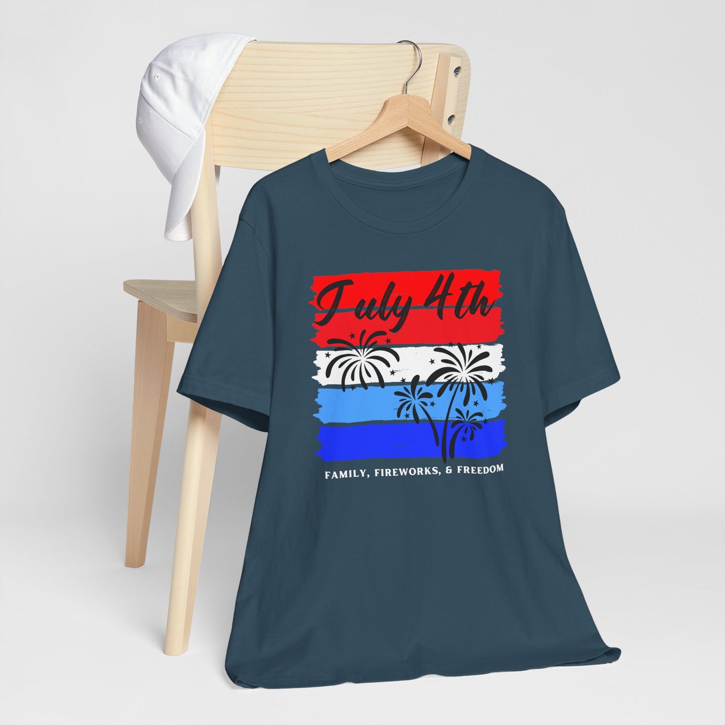 July 4th Family Freedom Tee, Unisex Independence Day Shirt, Patriotic Fireworks T-Shirt, Summer Celebration Top, Holiday Graphic Apparel