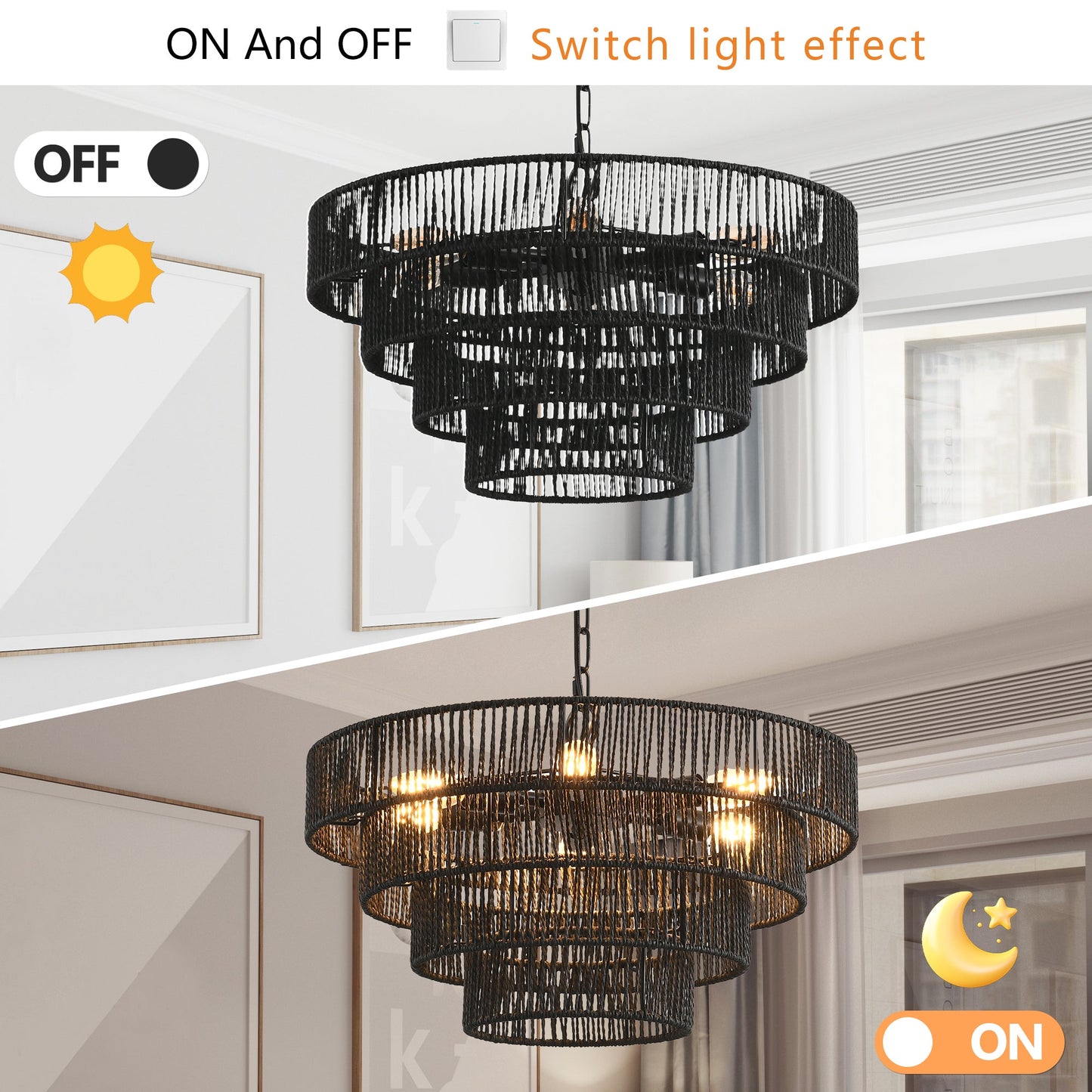 Rustic 4-Tier Black Hemp Rope Chandelier with 6 E12 Sockets, UL Listed