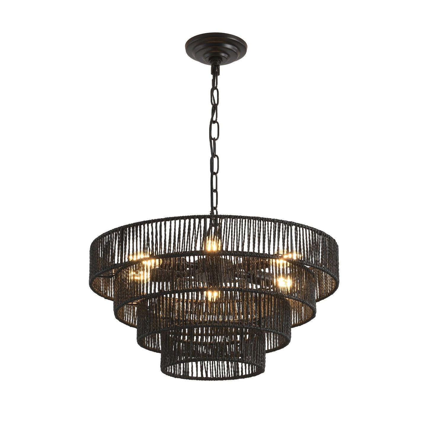 Rustic 4-Tier Black Hemp Rope Chandelier with 6 E12 Sockets, UL Listed