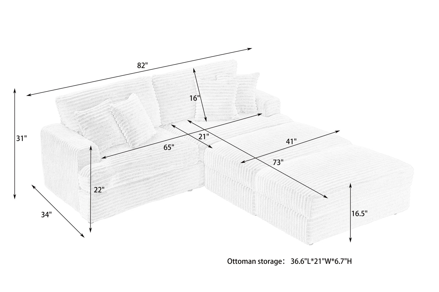82 inches orange corduroy sofa, two storage feet +4 throw pillows,