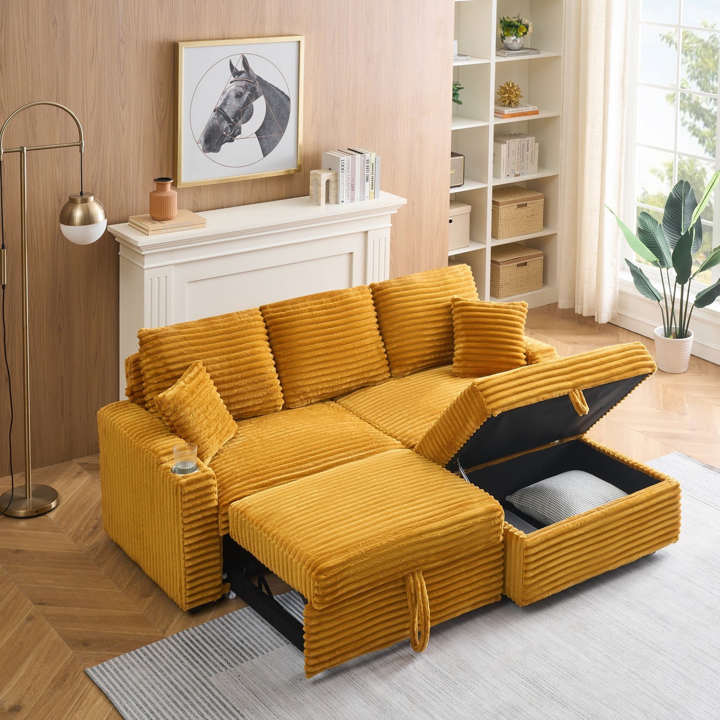An 80-inch foldable and hidden chaise longue orange corduroy sofa with