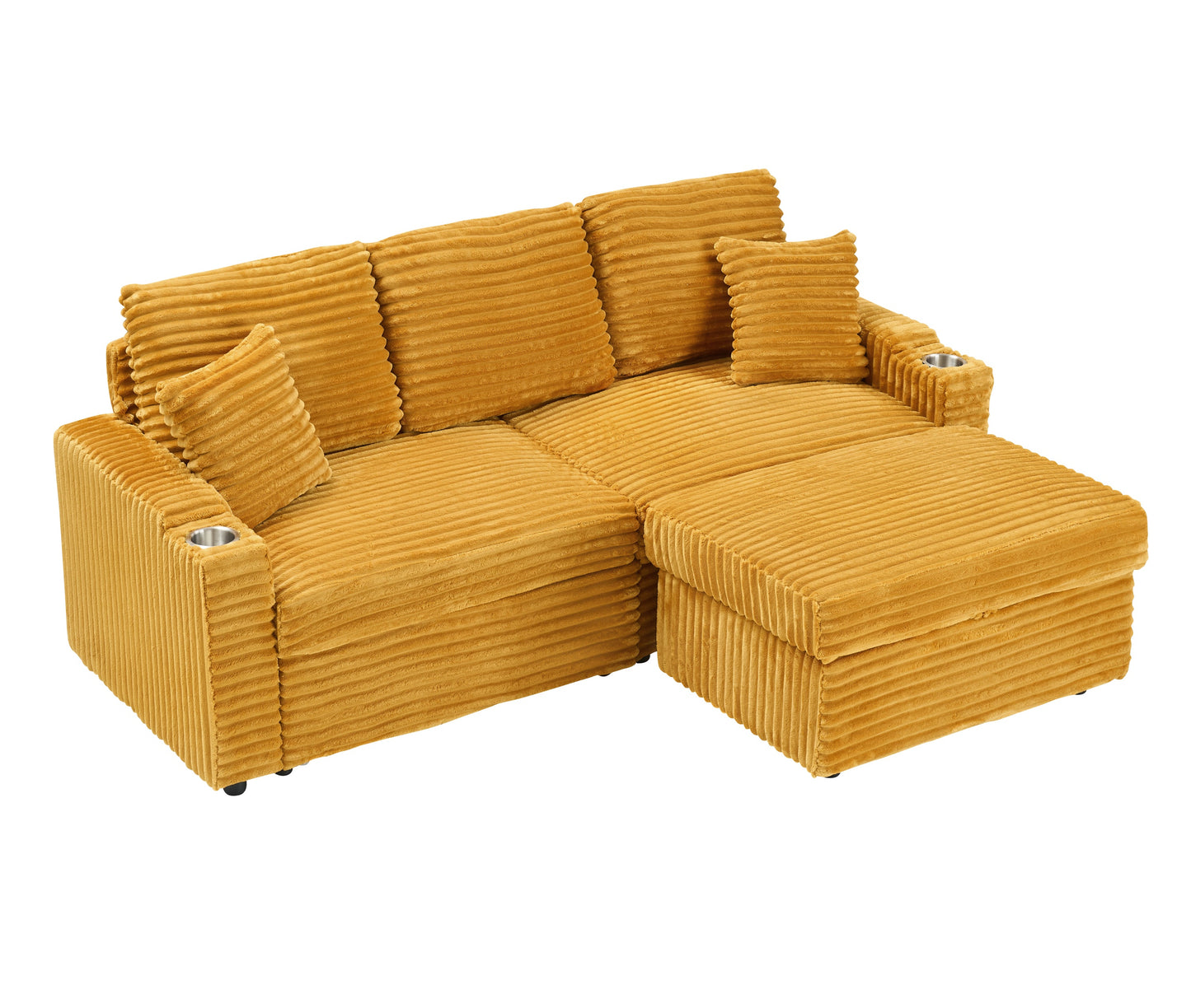 An 80-inch foldable and hidden chaise longue orange corduroy sofa with