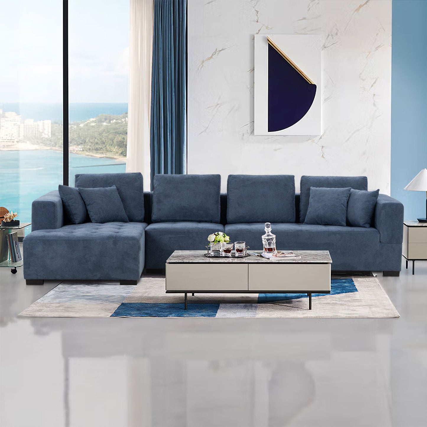 134'' Mid Century Modern Sofa with Left Chaise for Living Room Sofa,
