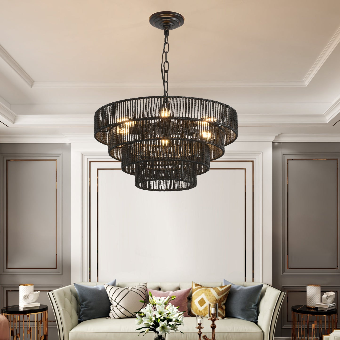 Rustic 4-Tier Black Hemp Rope Chandelier with 6 E12 Sockets, UL Listed