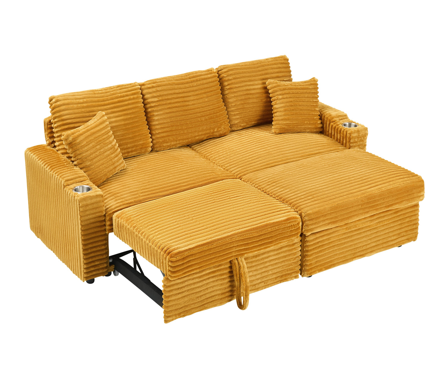 An 80-inch foldable and hidden chaise longue orange corduroy sofa with