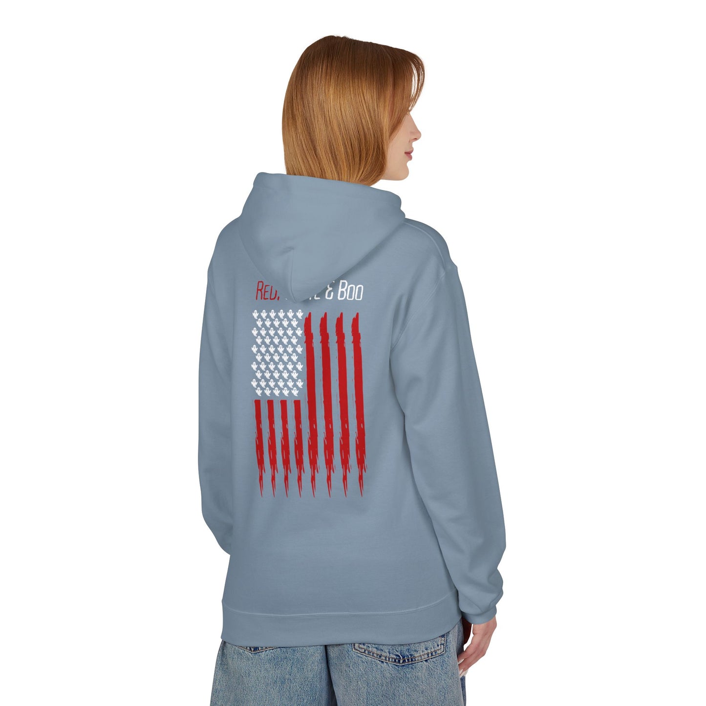 Red White and Boo Hoodie Unisex Midweight Softstyle Fleece Hoodie with Red Graphic, Cozy Sweatshirt for Fall, Gift for Him or Her, Casual Layering Top