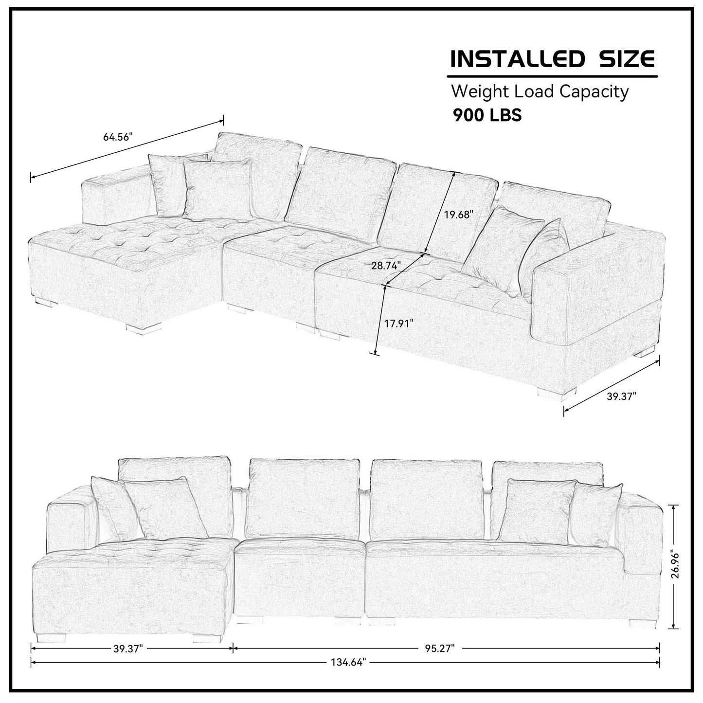 134'' Mid Century Modern Sofa with Left Chaise for Living Room Sofa,