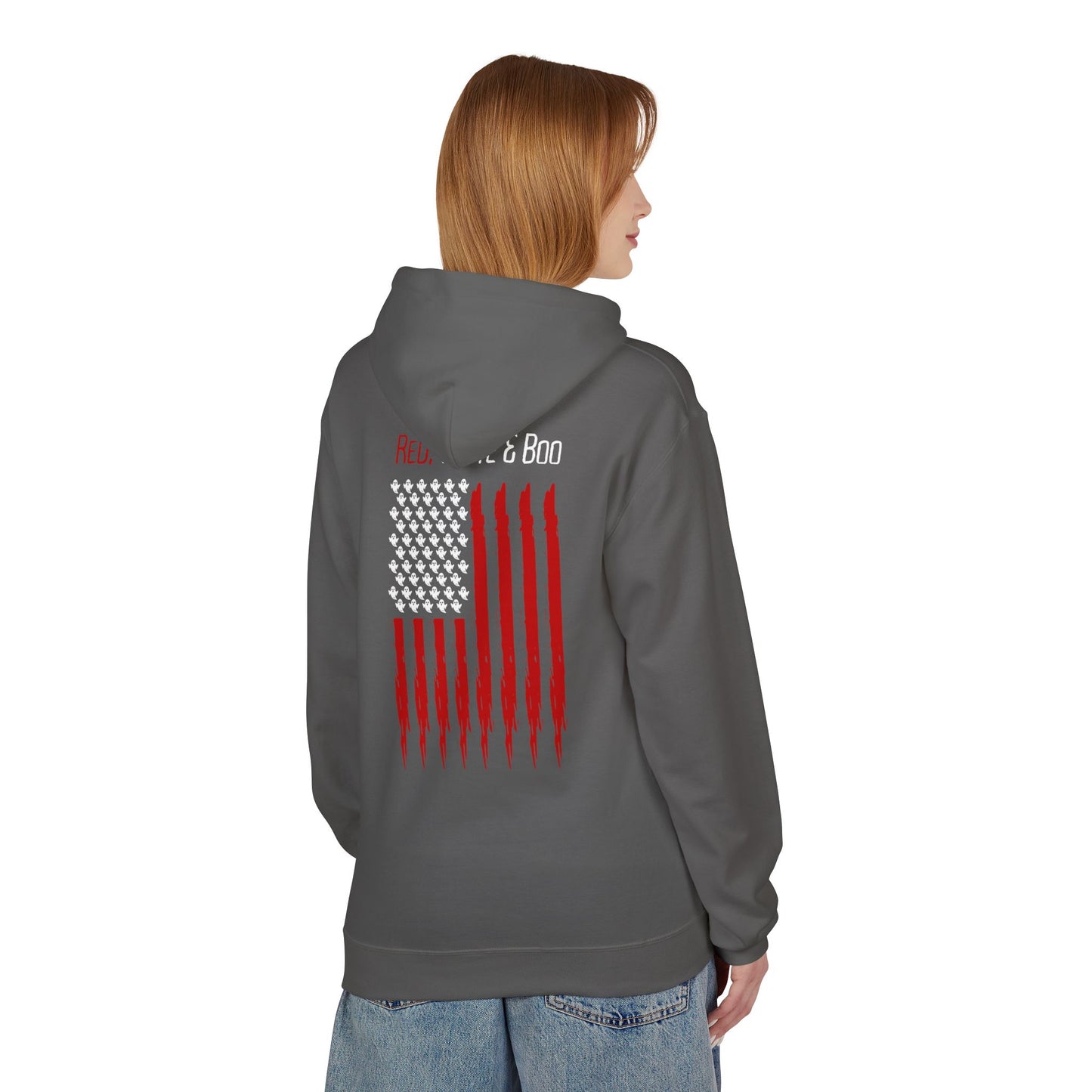 Red White and Boo Hoodie Unisex Midweight Softstyle Fleece Hoodie with Red Graphic, Cozy Sweatshirt for Fall, Gift for Him or Her, Casual Layering Top