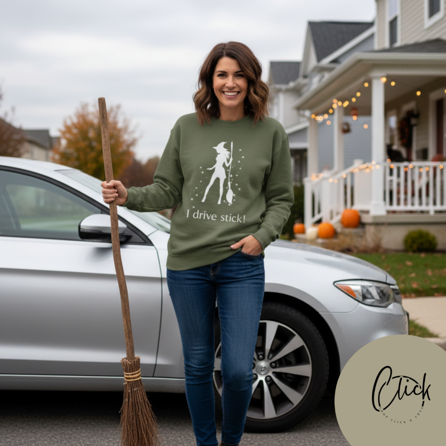 Funny Witch Sweatshirt, I Drive Stick Fleece Crewneck, Unisex Autumn Apparel, Halloween Gift, Cozy Witchy Wear