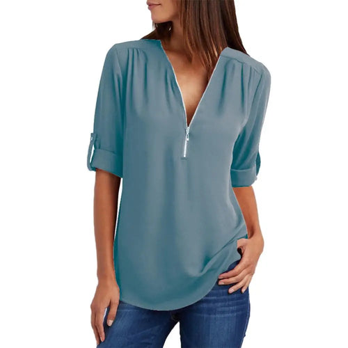 S-5XL Ladies Loose Blouse Chiffon Shirt Zipper V-Neck Half Sleeve