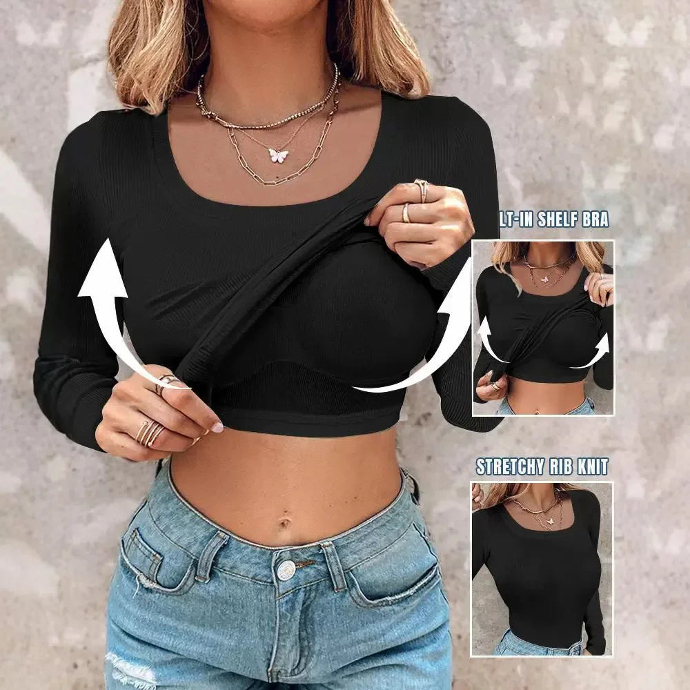 T-shirt for Women Sexy Bottom Interior Top U Neck Shapewear Seamless