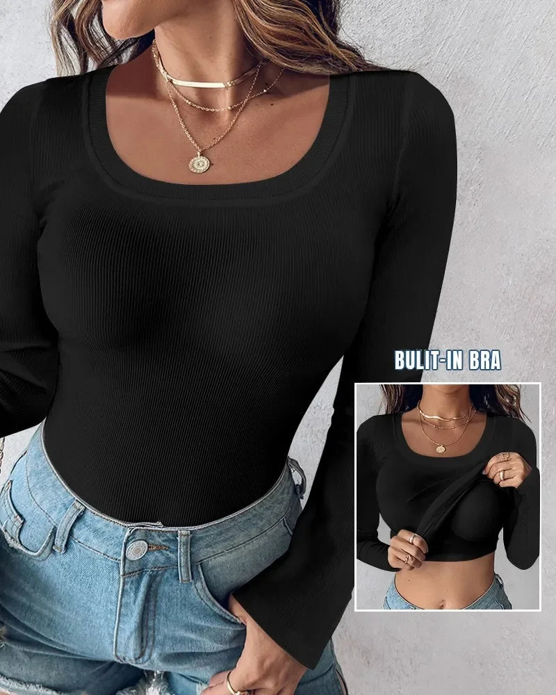 T-shirt for Women Sexy Bottom Interior Top U Neck Shapewear Seamless