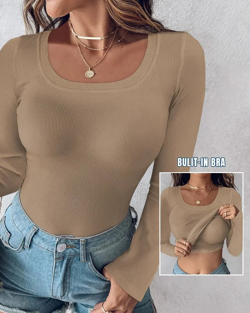 T-shirt for Women Sexy Bottom Interior Top U Neck Shapewear Seamless