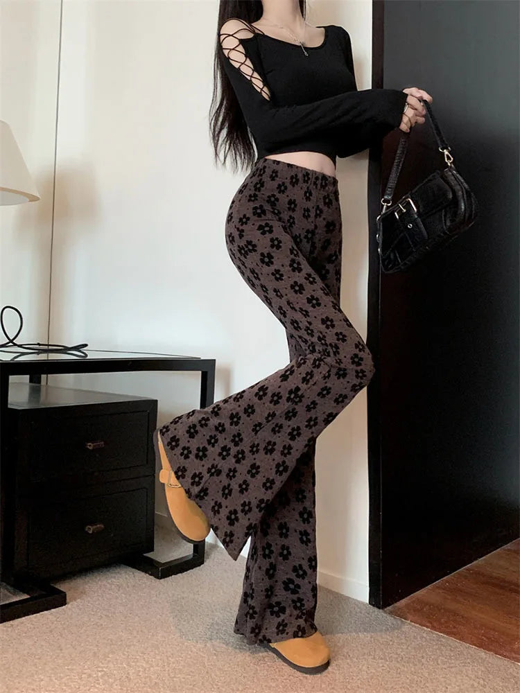 Retro printed jacquard micro flared pants for women 2024 autumn and