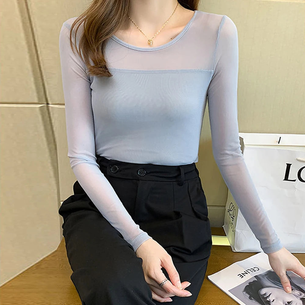Women's Fashion New Mesh T Shirt S-2XL 6 Colors Basic O-neck Long