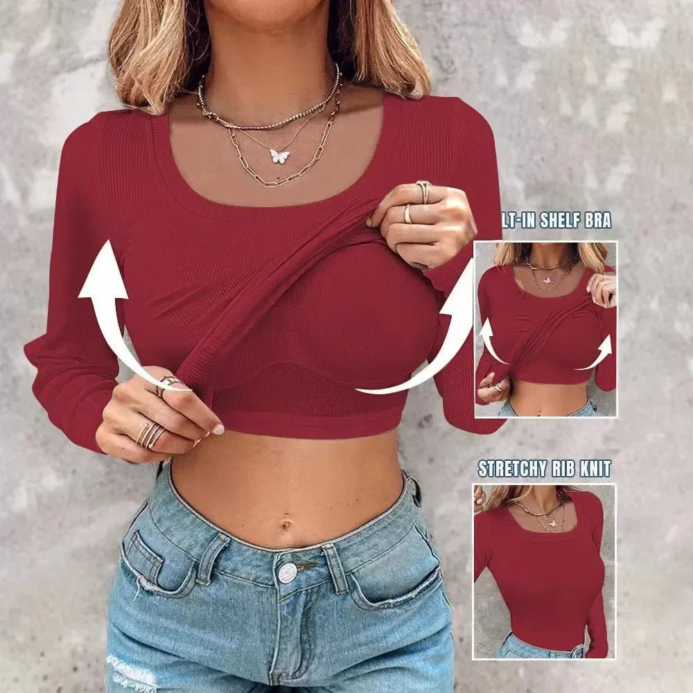 T-shirt for Women Sexy Bottom Interior Top U Neck Shapewear Seamless