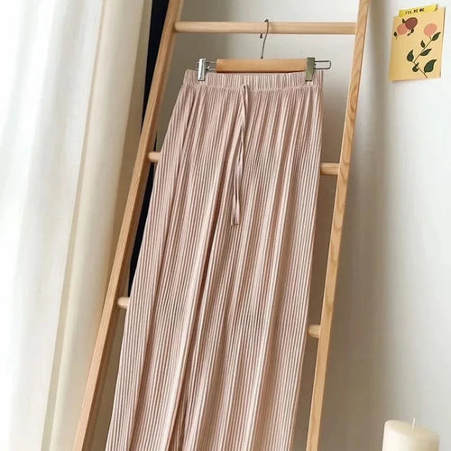 Women Fashion Summer Wide Leg Pants Pleated Ice Silk Trousers Elastic