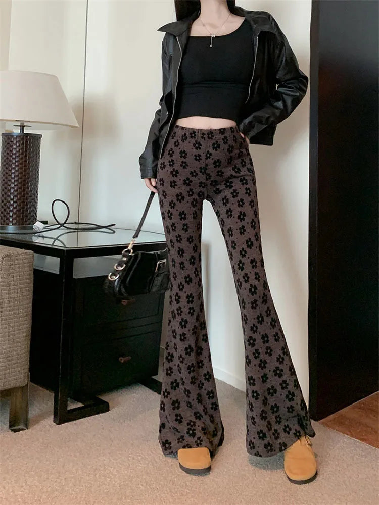 Retro printed jacquard micro flared pants for women 2024 autumn and