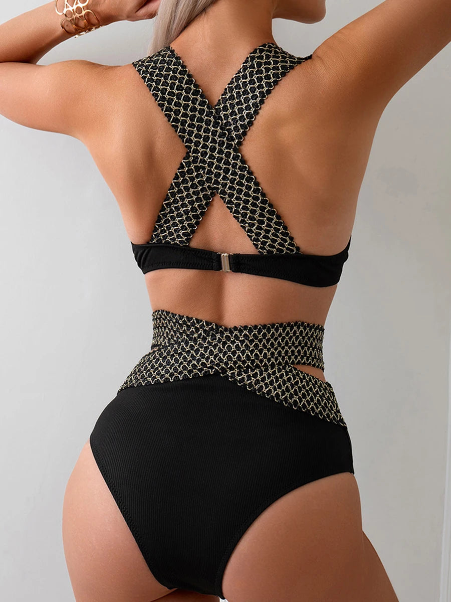 2024 Push Up Cross Hollow Out Two Piece Bikini Women Swimwear Female