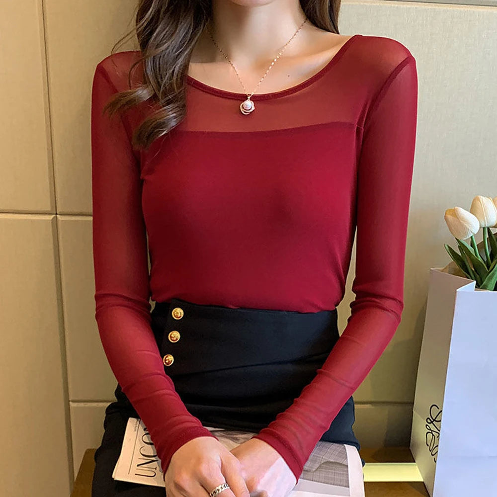 Women's Fashion New Mesh T Shirt S-2XL 6 Colors Basic O-neck Long