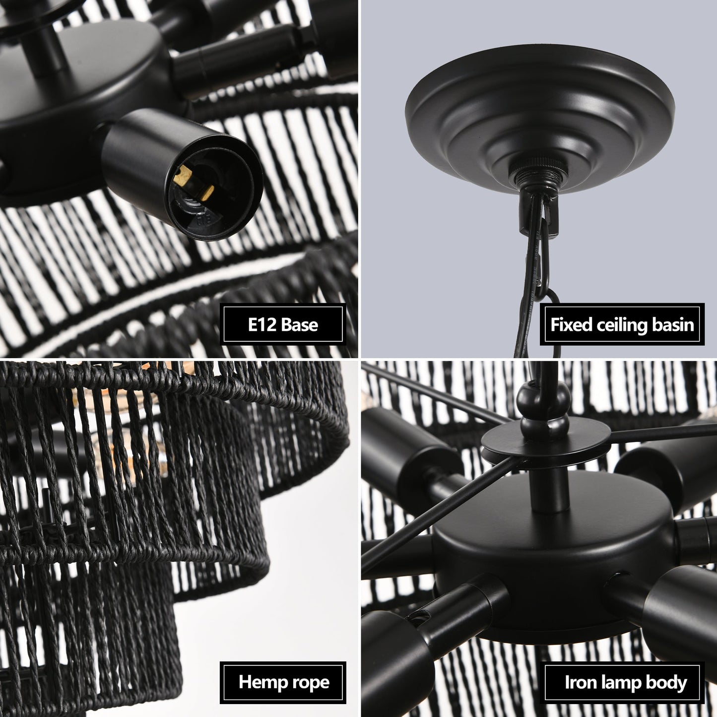 Rustic 4-Tier Black Hemp Rope Chandelier with 6 E12 Sockets, UL Listed