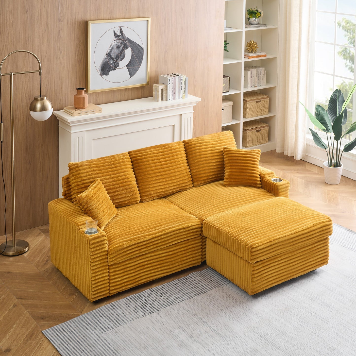An 80-inch foldable and hidden chaise longue orange corduroy sofa with