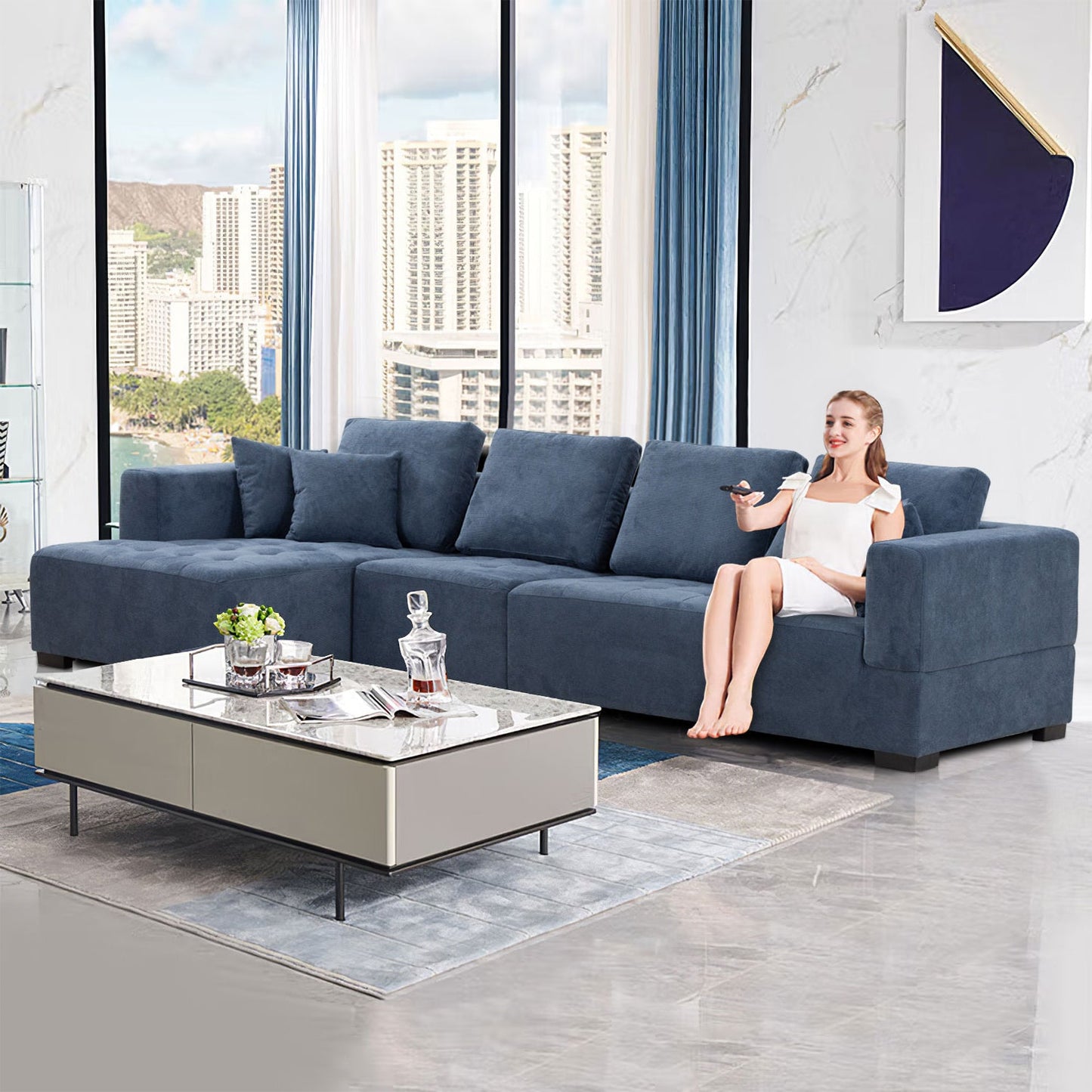 134'' Mid Century Modern Sofa with Left Chaise for Living Room Sofa,