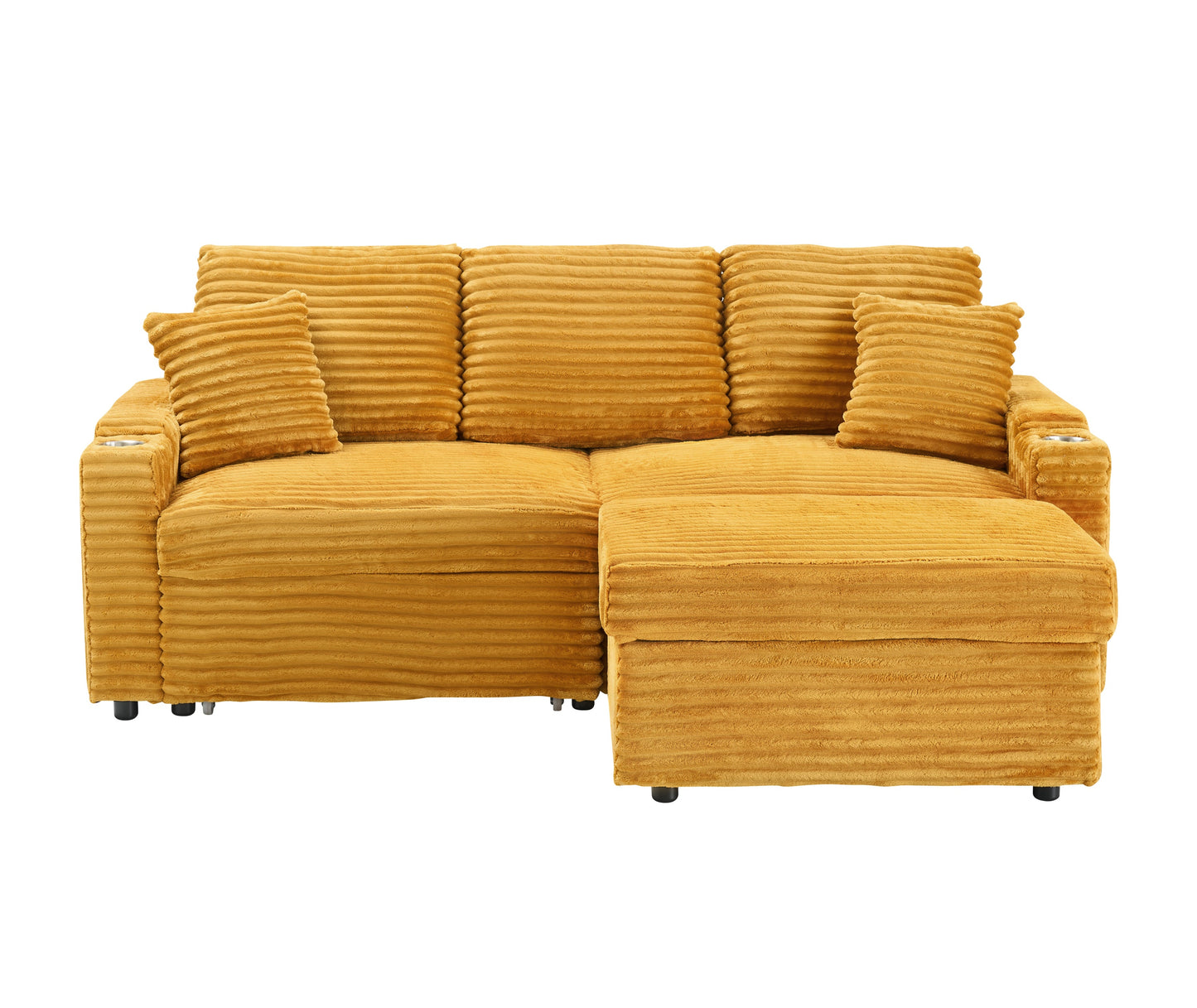 An 80-inch foldable and hidden chaise longue orange corduroy sofa with