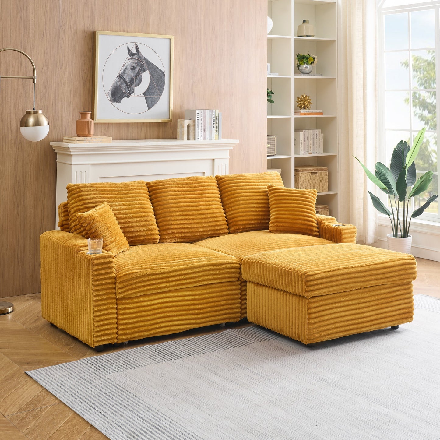 An 80-inch foldable and hidden chaise longue orange corduroy sofa with