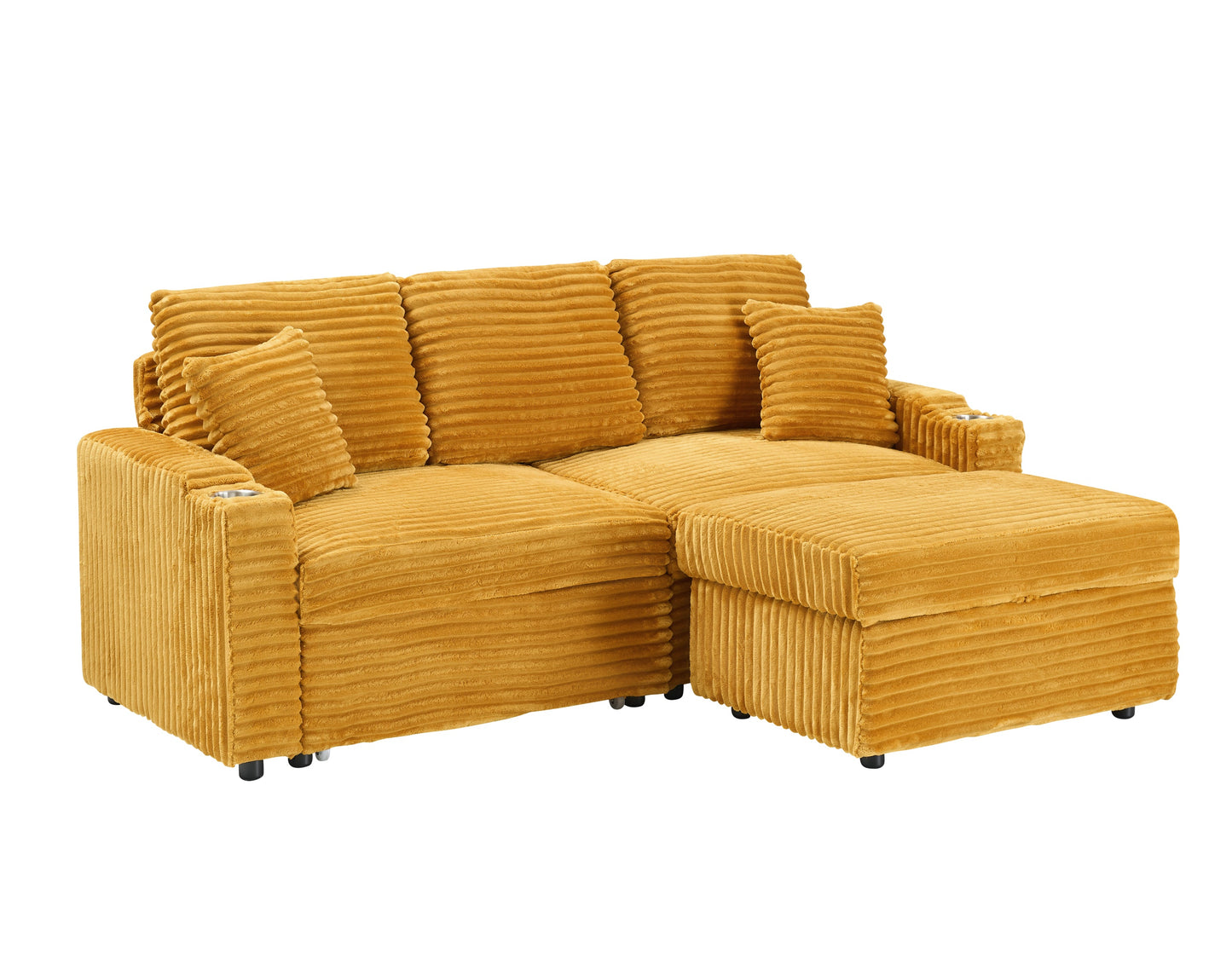 An 80-inch foldable and hidden chaise longue orange corduroy sofa with