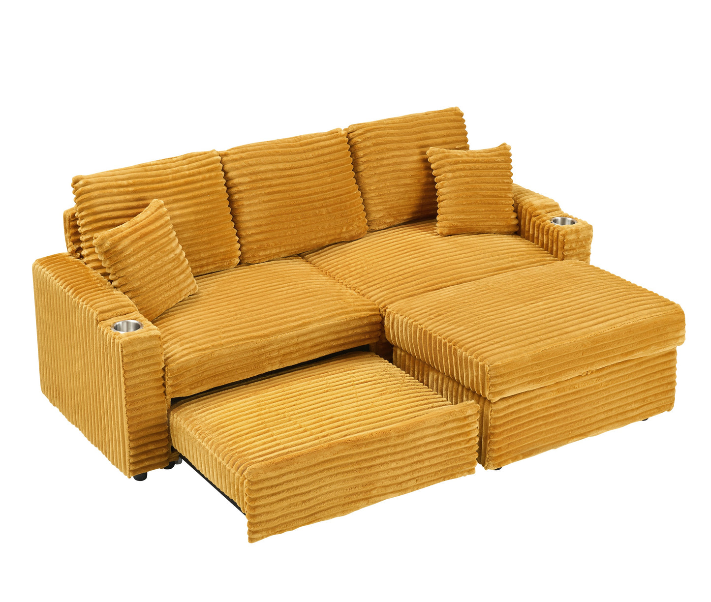 An 80-inch foldable and hidden chaise longue orange corduroy sofa with