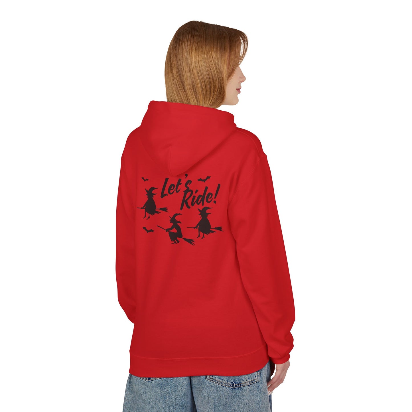 Let's Ride Witches Witchy Broomstick Hoodie, Unisex Midweight Fleece Sweatshirt, Halloween Apparel, Cozy Witch Costume,  Spooky Season