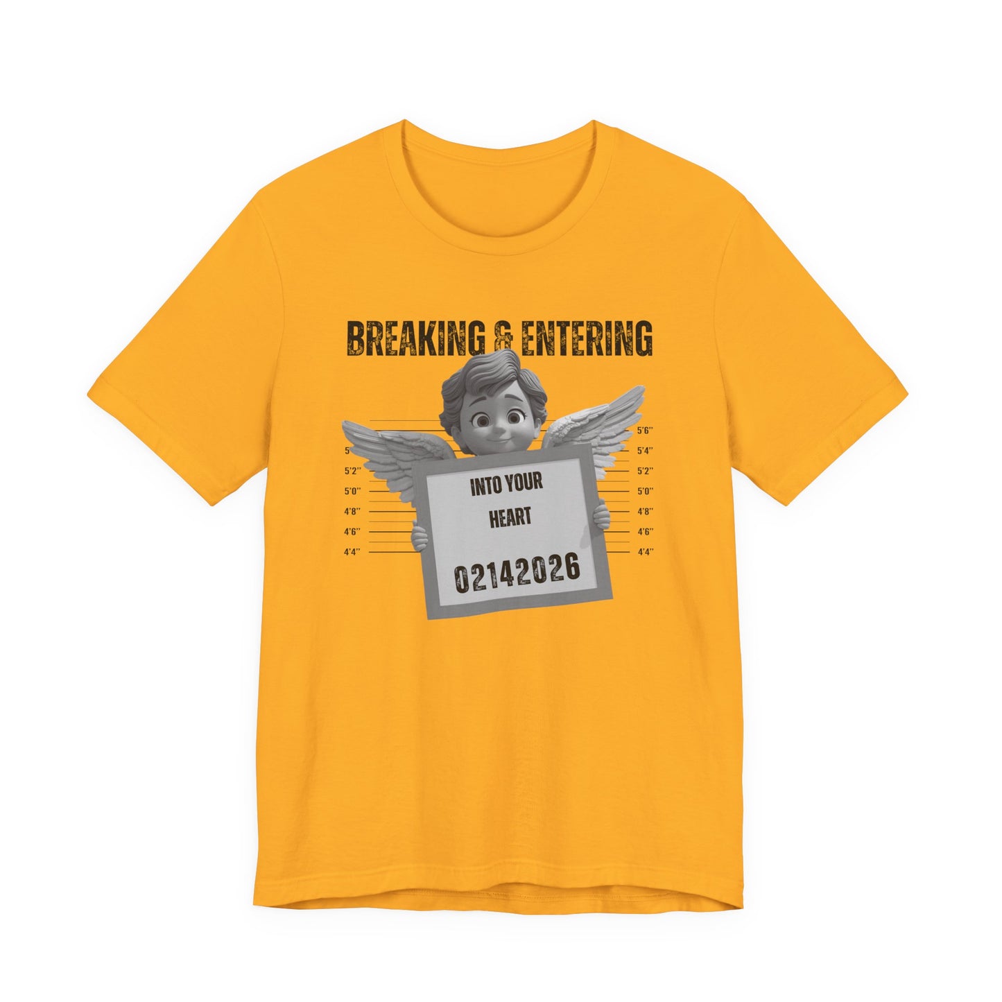 Breaking & Entering Into Your Heart Tee — Cute Cupid Mugshot Graphic Shirt (02/14/2026)
