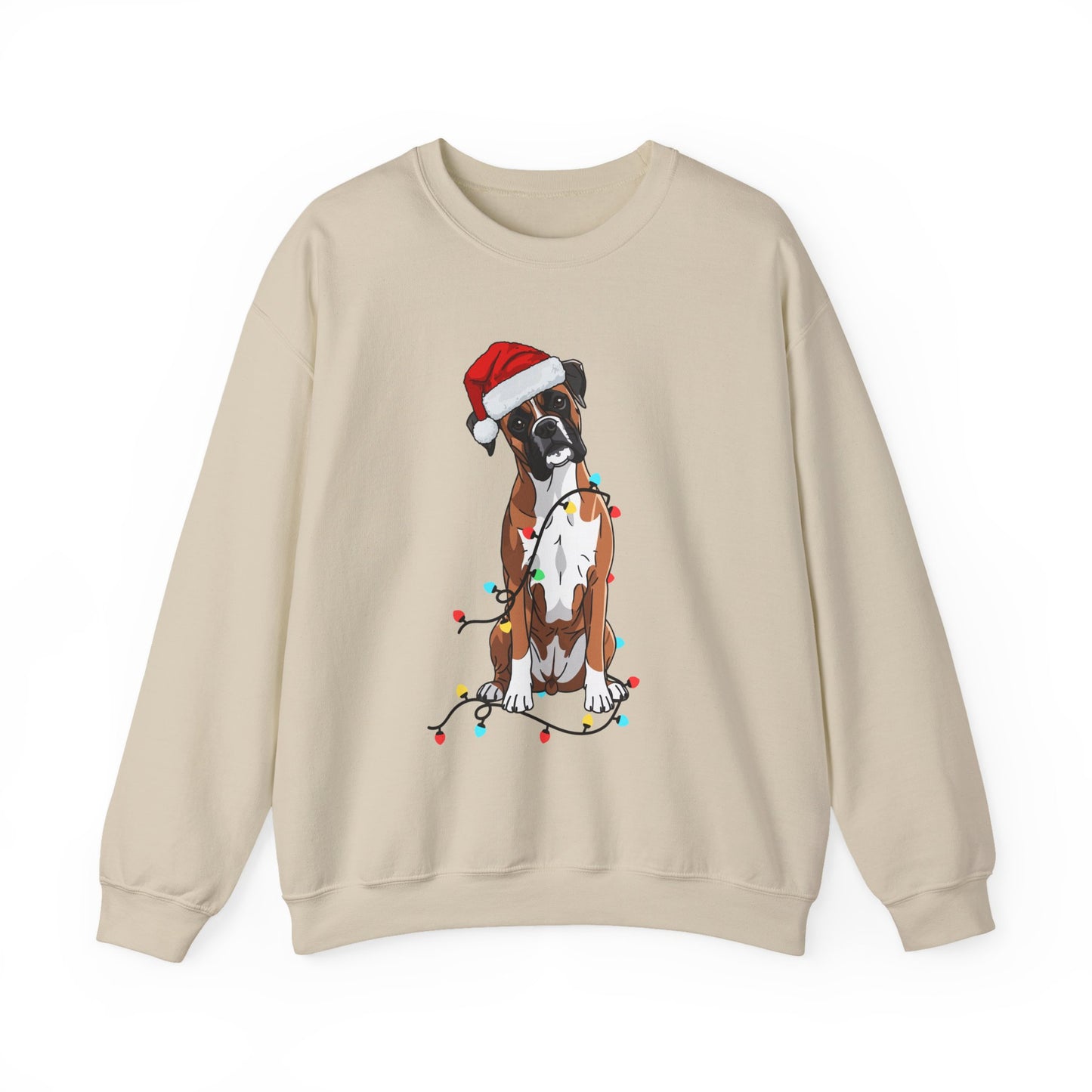 Christmas Boxer Dog Sweatshirt – Cute Santa Hat & Holiday Lights Crewneck