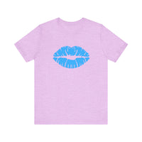 Blue Lips Kiss Print Unisex Tee, Casual Wear, Gift for Her, Valentine's Day Shirt, Fun Graphic Top, Everyday Style