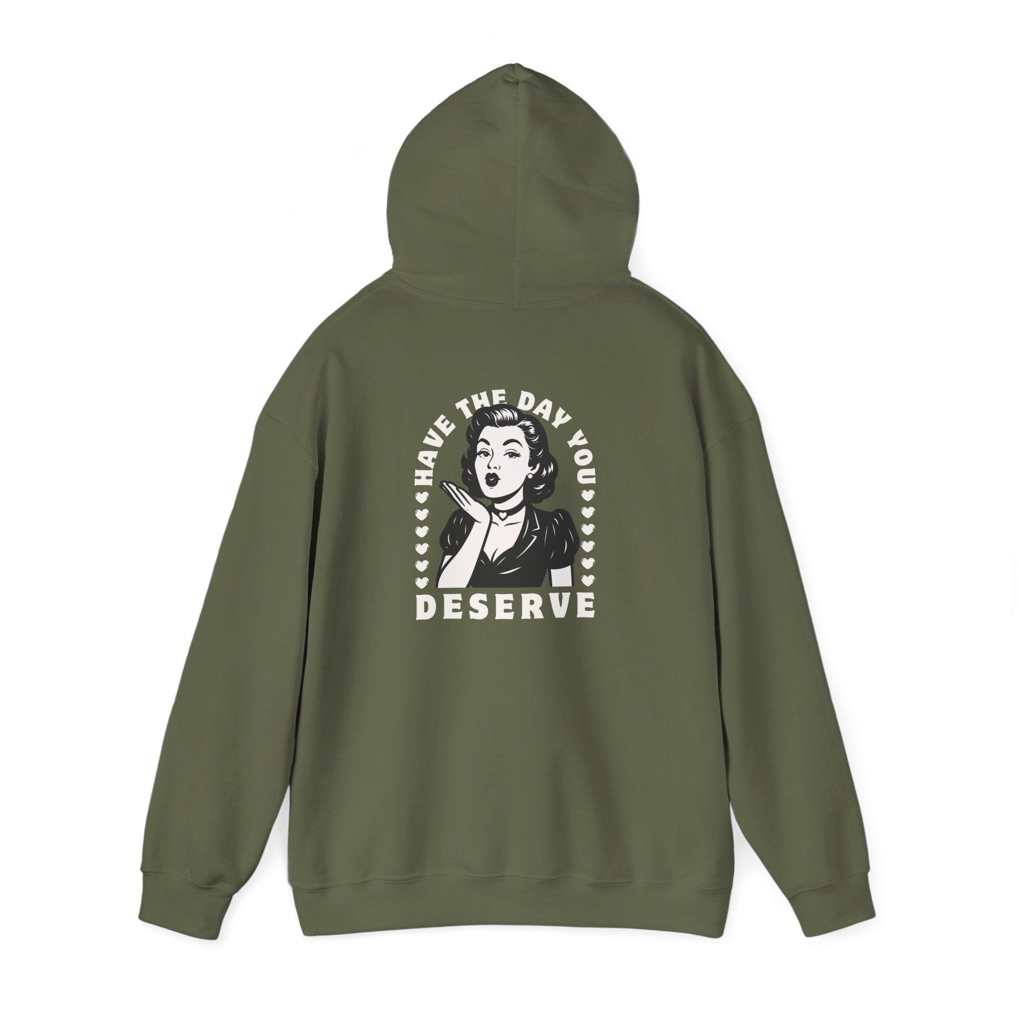 Have the Day you Deserve, Vintage Pin-Up Hoodie — Retro Woman Blowing Kiss Graphic Pullover