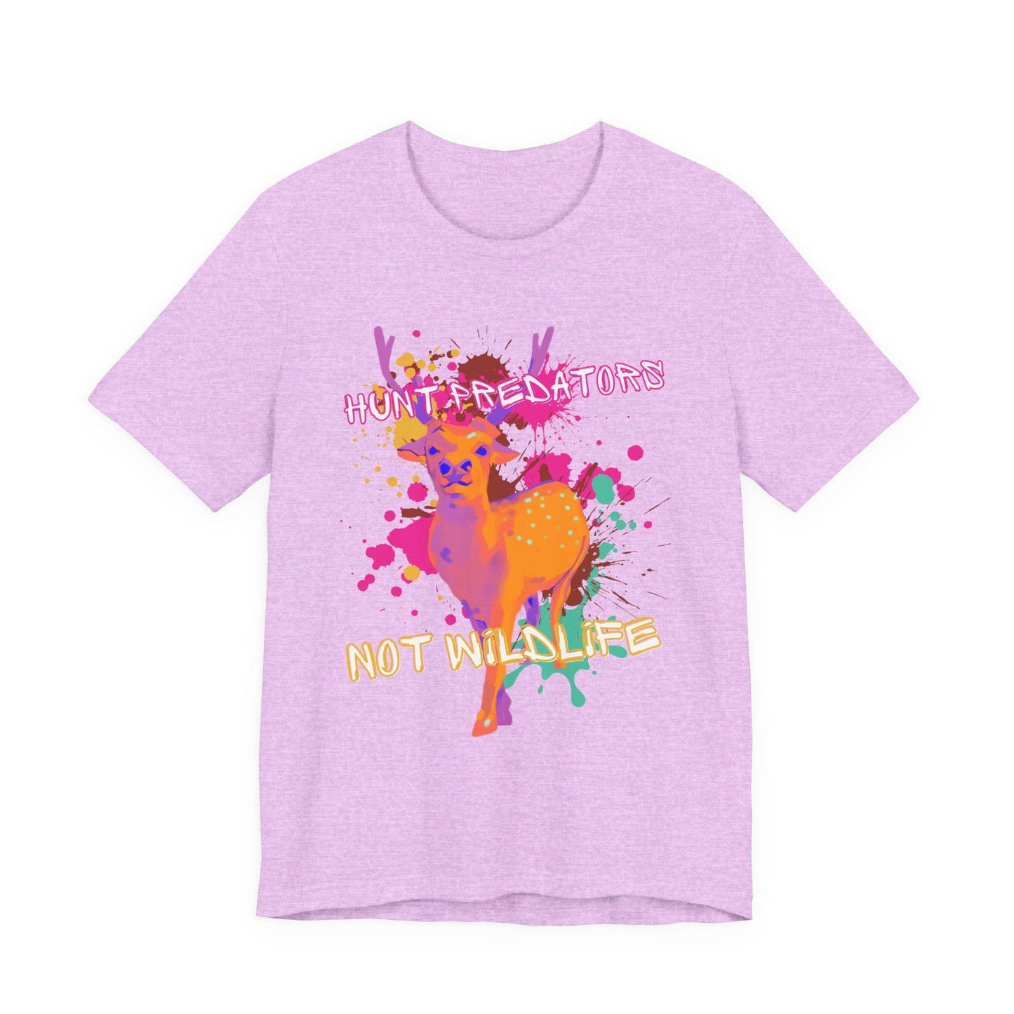 Heather Lilac Tee with Colorful wildlife hunt predators