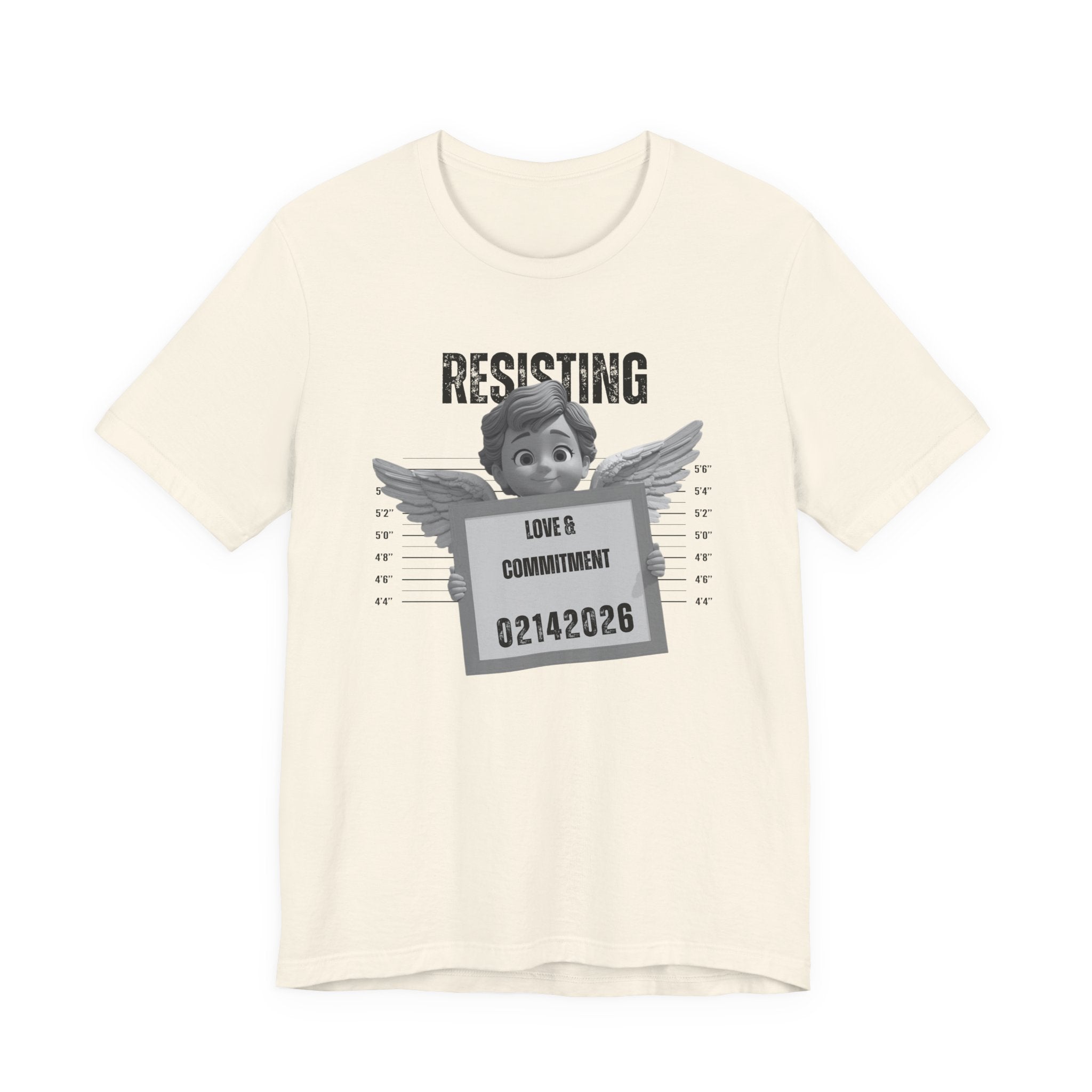 Resisting Love & Commitment Mugshot Tee — Funny Anti-Romance Graphic T-Shirt for Valentines