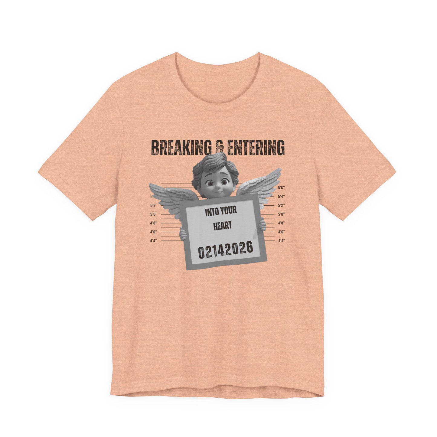 Breaking & Entering Into Your Heart Tee — Cute Cupid Mugshot Graphic Shirt (02/14/2026)