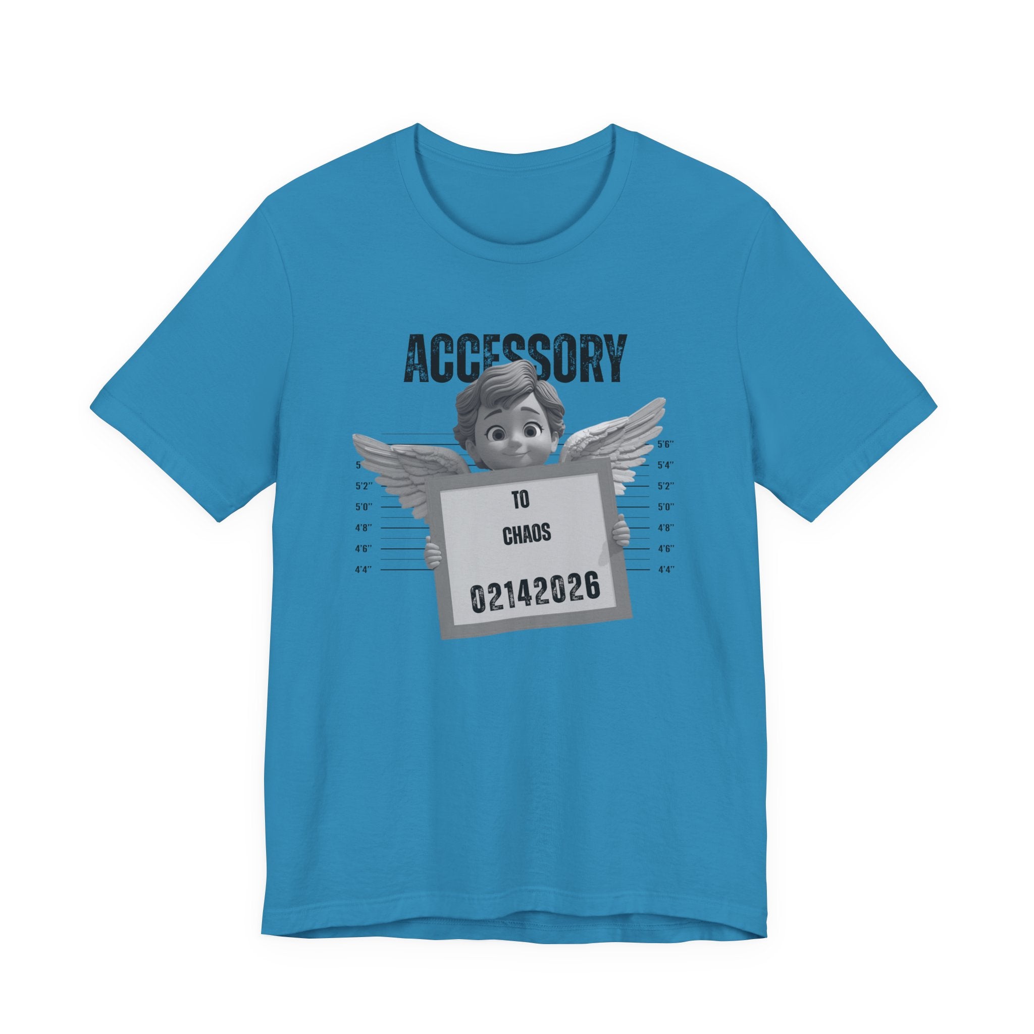 Accessory to Chaos Mugshot Tee — Funny Angel Mugshot Valentines T‑Shirt