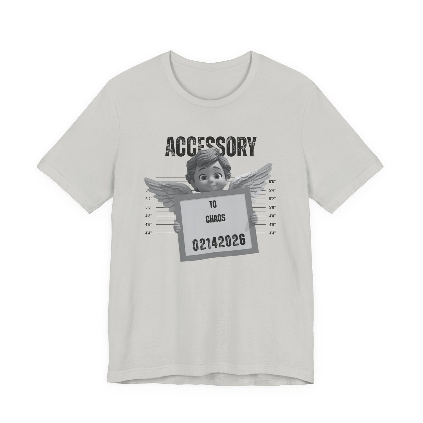 Accessory to Chaos Mugshot Tee — Funny Angel Mugshot Valentines T‑Shirt