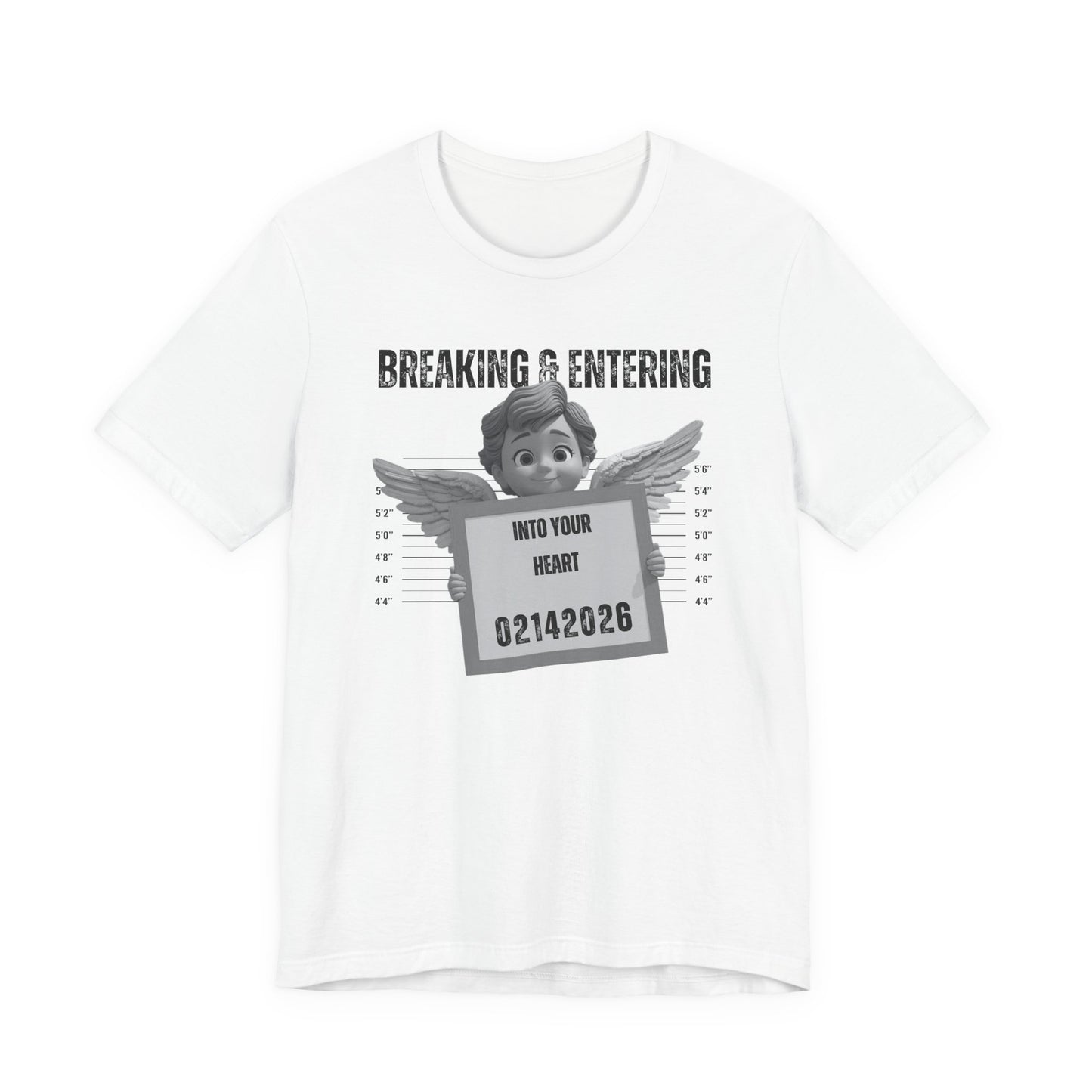 Breaking & Entering Into Your Heart Tee — Cute Cupid Mugshot Graphic Shirt (02/14/2026)