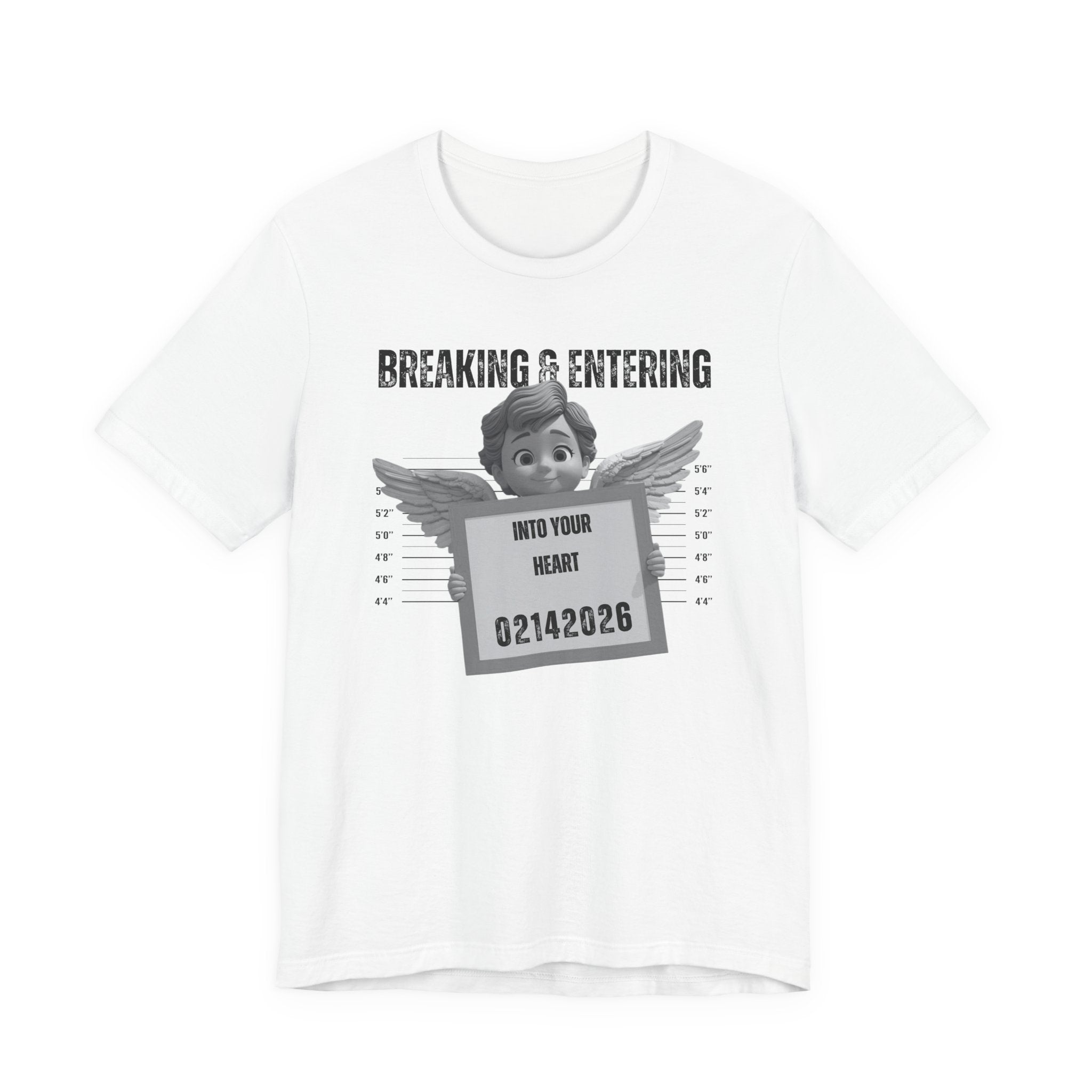 Breaking & Entering Into Your Heart Tee — Cute Cupid Mugshot Graphic Shirt (02/14/2026)
